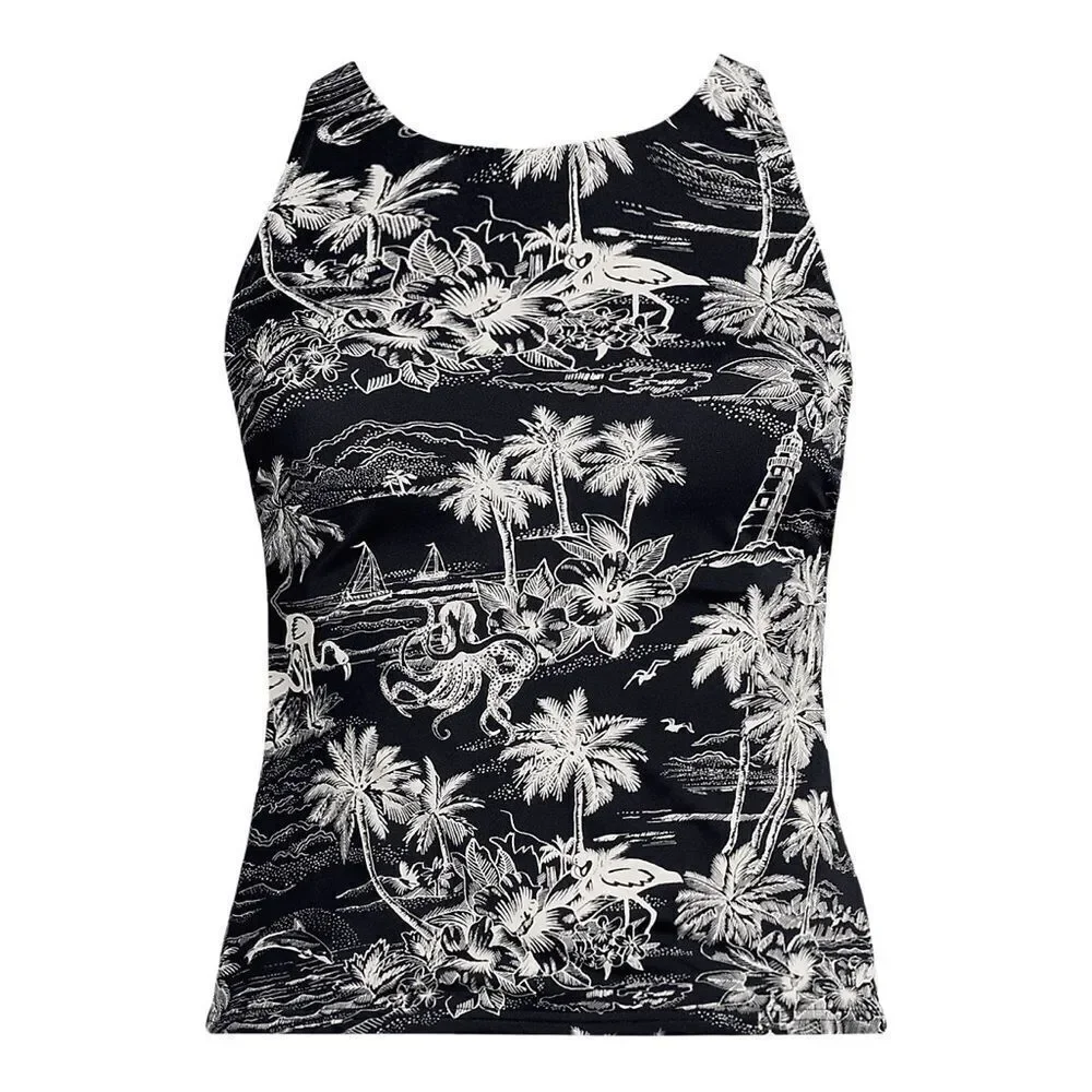 Land's End Plus Tankini Top High Neck Strappy Back Black tropical scene Various